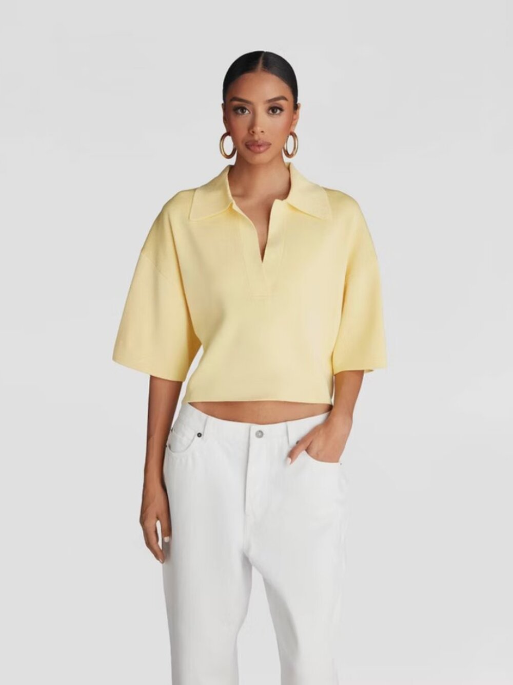 KBB by KAHLANA Women's Short Sleeve Boxy 'The Cropped Polo Sweater' - Yellow L